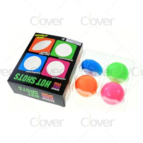 Colorful Hot Shots Teenie DOH squishy ball set in clear plastic packaging.