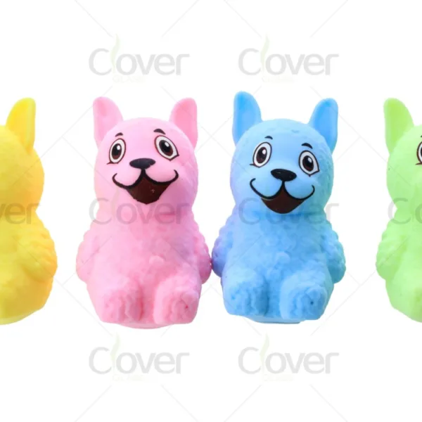 Four colorful rubber dog toys: yellow, pink, blue, and green, with smiling faces.