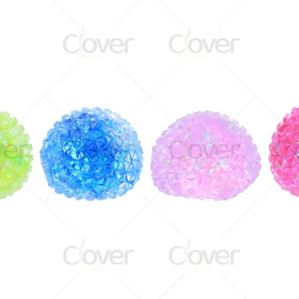 Four vibrant green, blue, light pink, and hot pink faceted decorative spheres.