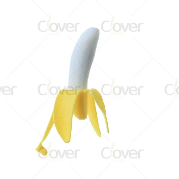 Partially peeled banana with white fruit and yellow skin on a white background.
