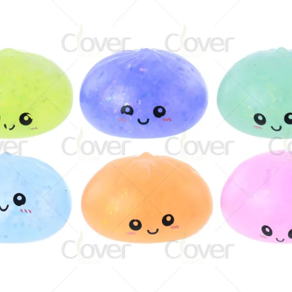 Six vibrant glitter squishy stress balls with cute cartoon faces for kids.
