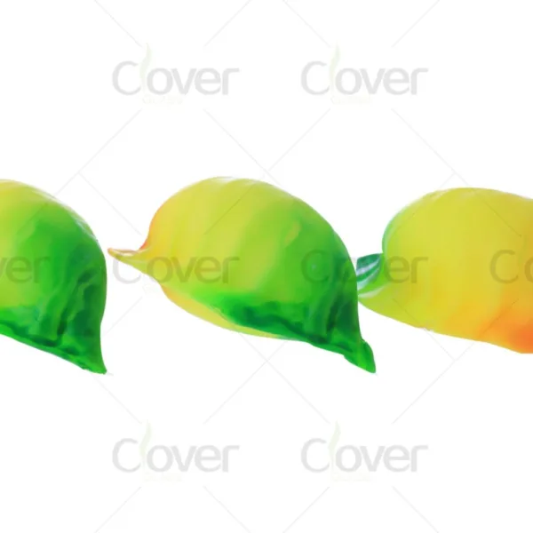 Three gradient green to yellow-orange glass decorative leaf-shaped objects.