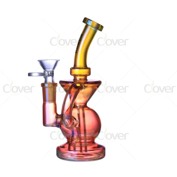 Iridescent red-orange glass water pipe with a yellow angled mouthpiece and clear bowl.