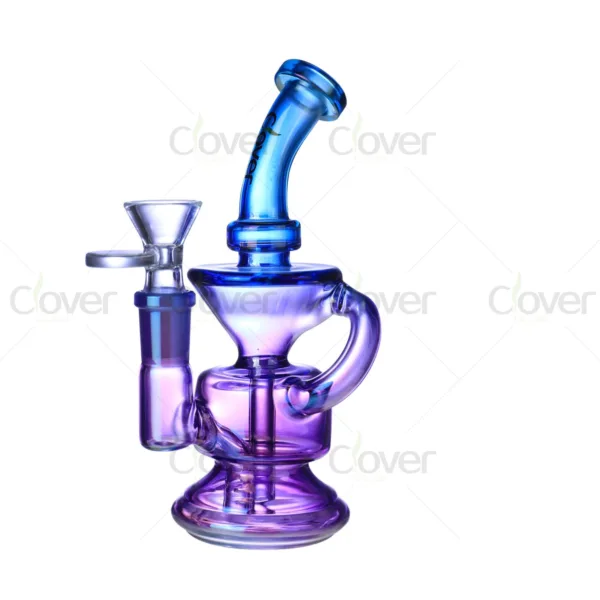Vibrant blue and purple gradient glass dab rig with bent neck and clear bowl.