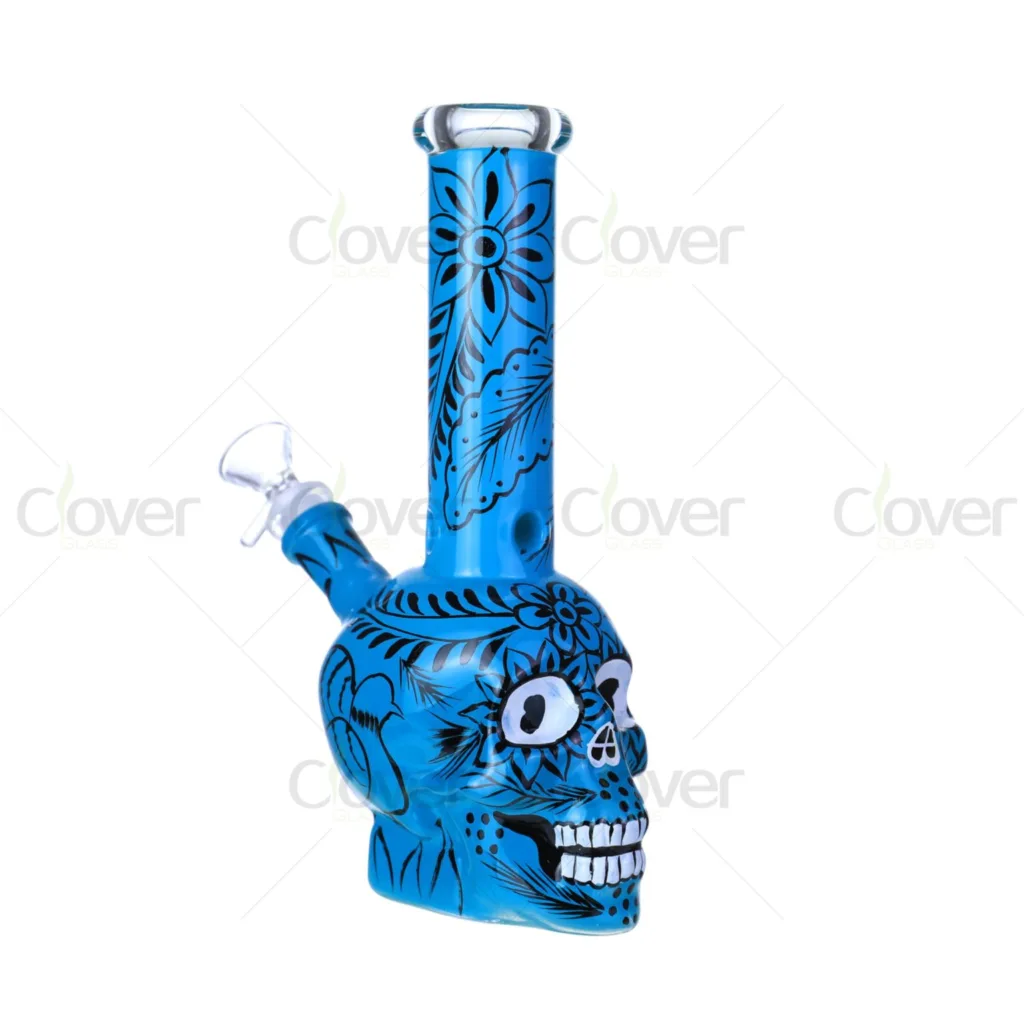 9.06 Inch 5mm 3D Painted Halloween Sugar Skull Bong | Clover Glass Novelty Water Pipe