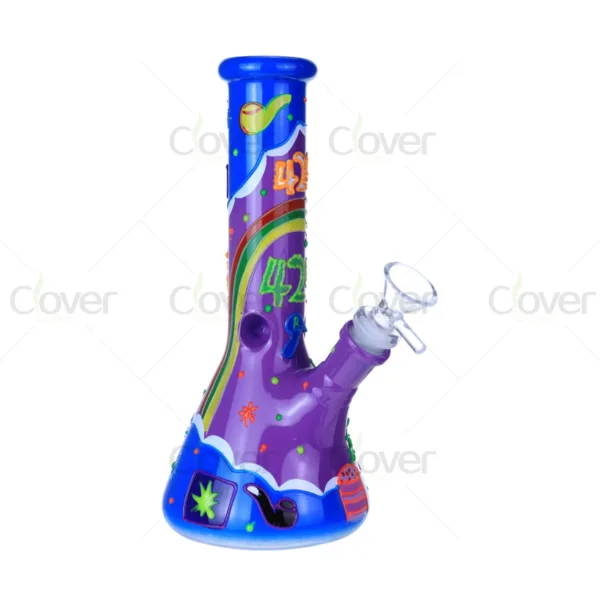 9.06 Inch 5mm Glow In The Dark 420 3D Painted Beaker Bong | Clover Glass Novelty Water Pipe