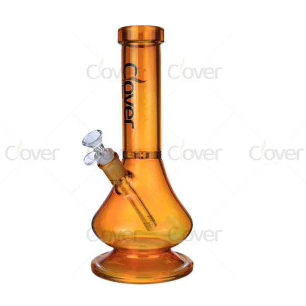 Amber glass beaker bong with clear downstem and bowl, Clover Glass brand.