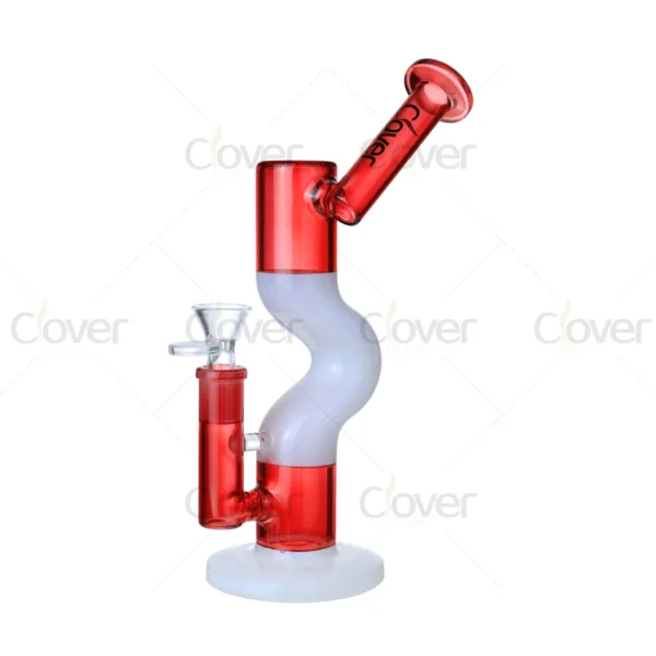 Modern red and white glass water pipe with wavy body and Clover branding.