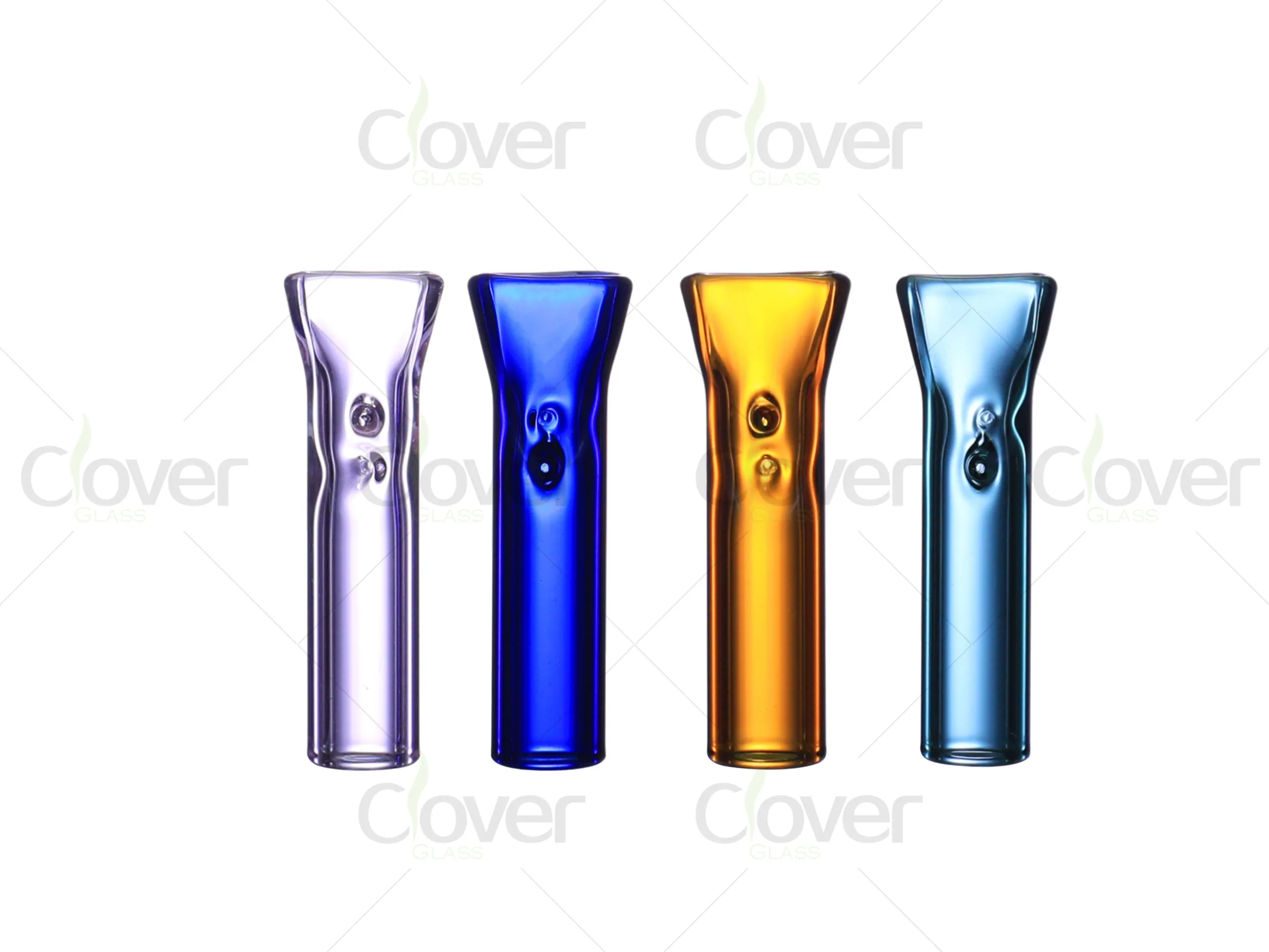Assorted colored glass one-hitter pipes, clear, blue, amber, and light blue.