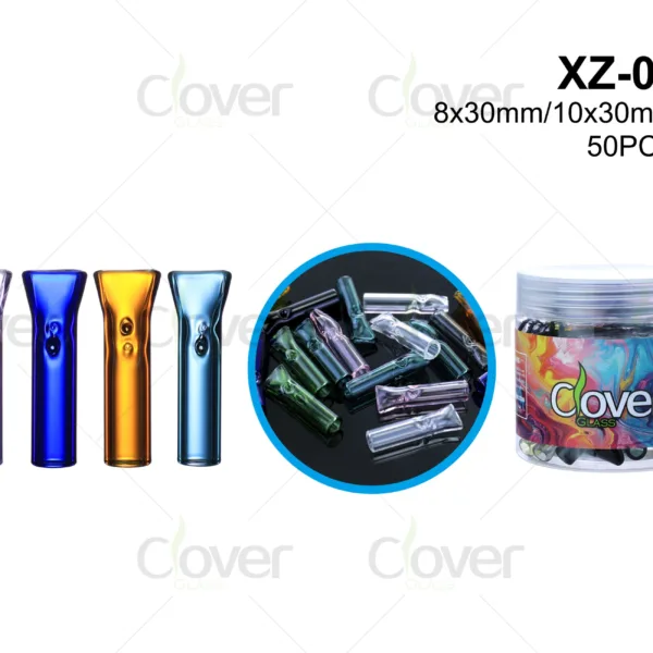 Assorted colorful glass filter tips in a jar, XZ-06, 8x30mm/10x30mm, 50 pieces.
