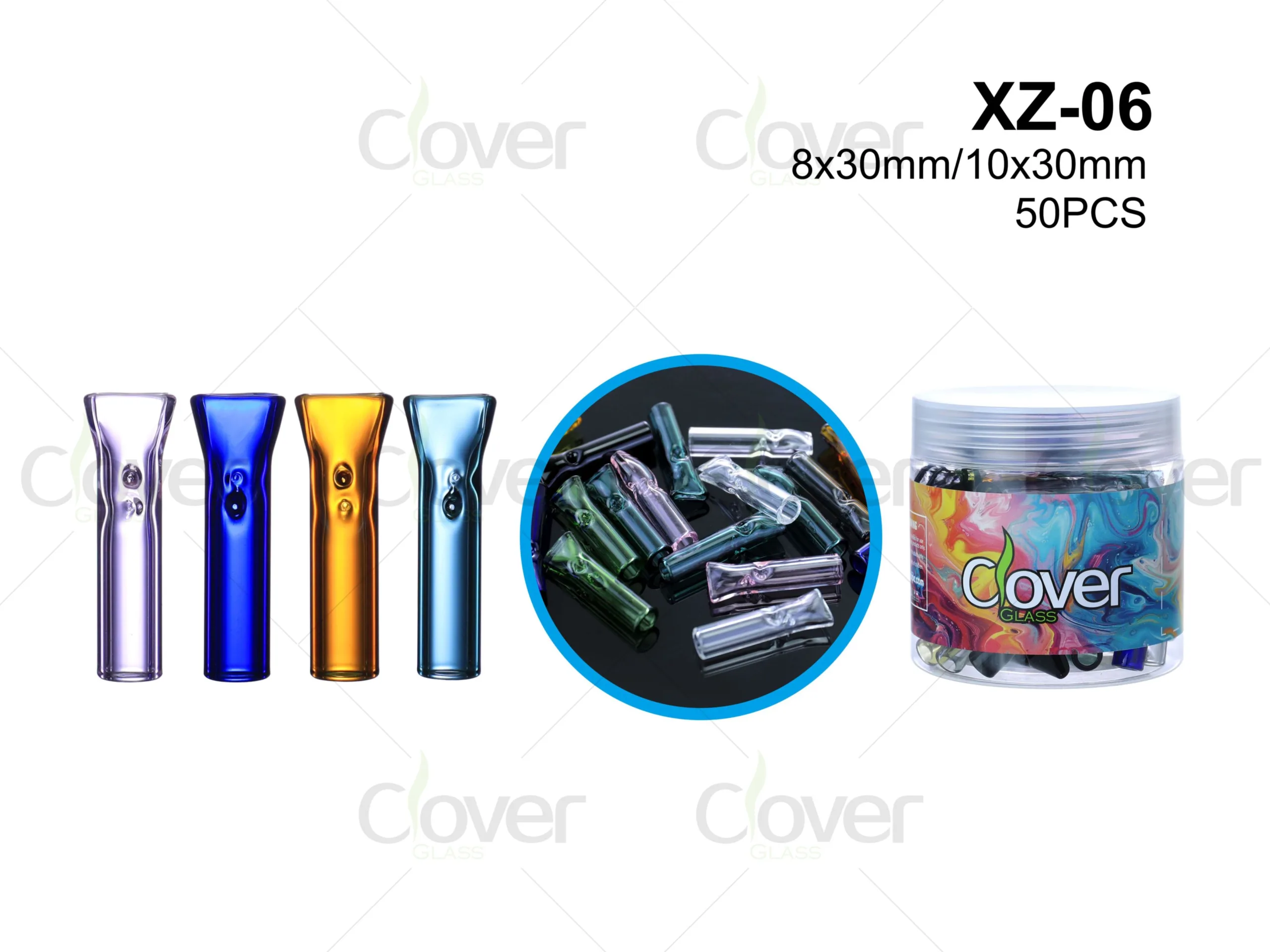 Assorted colorful glass filter tips in a jar, XZ-06, 8x30mm/10x30mm, 50 pieces.