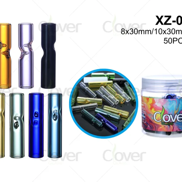 Assorted XZ-05 glass filter tips, 8x30mm/10x30mm, various colors and designs.