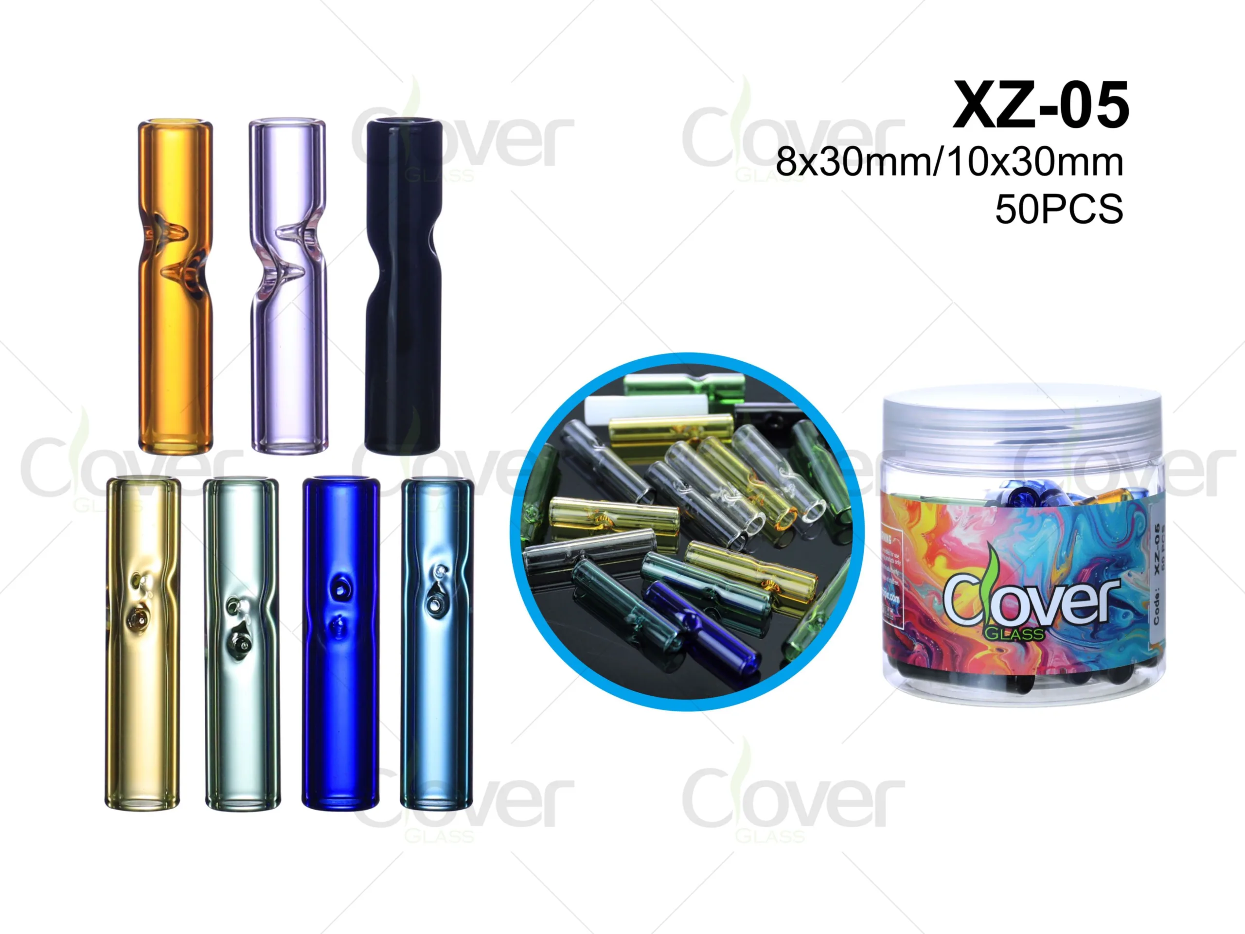 Assorted XZ-05 glass filter tips, 8x30mm/10x30mm, various colors and designs.