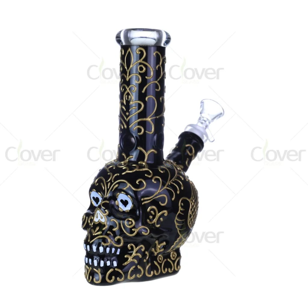 8.07 Inch 5mm 3D Painted Halloween Sugar Skull Bong | Clover Glass Novelty Water Pipe