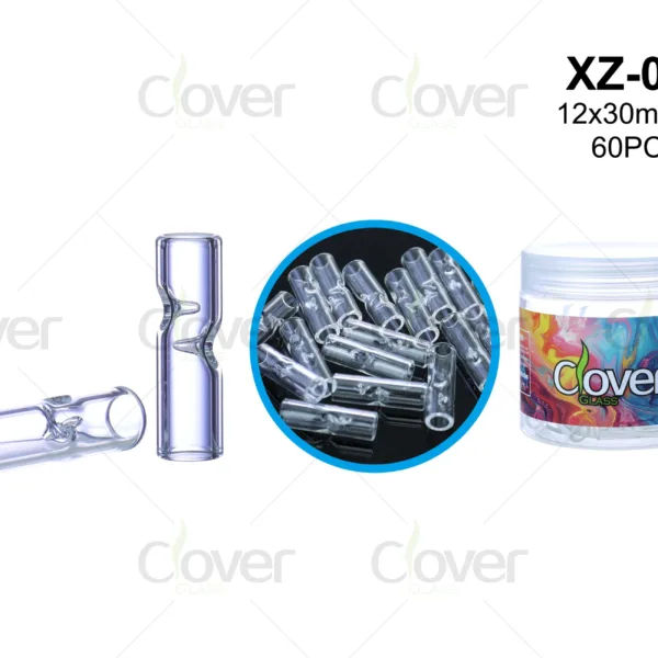 Clover Glass 12x30mm clear glass filter tips with internal pinch, 60 pieces.