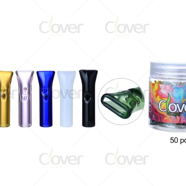 Clover Glass 50 pcs assorted colored glass filter tips with flat mouthpieces.