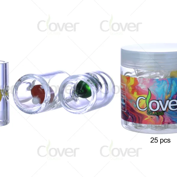 Clover GLASS clear glass filter tips with colorful fruit designs, 25-piece jar.