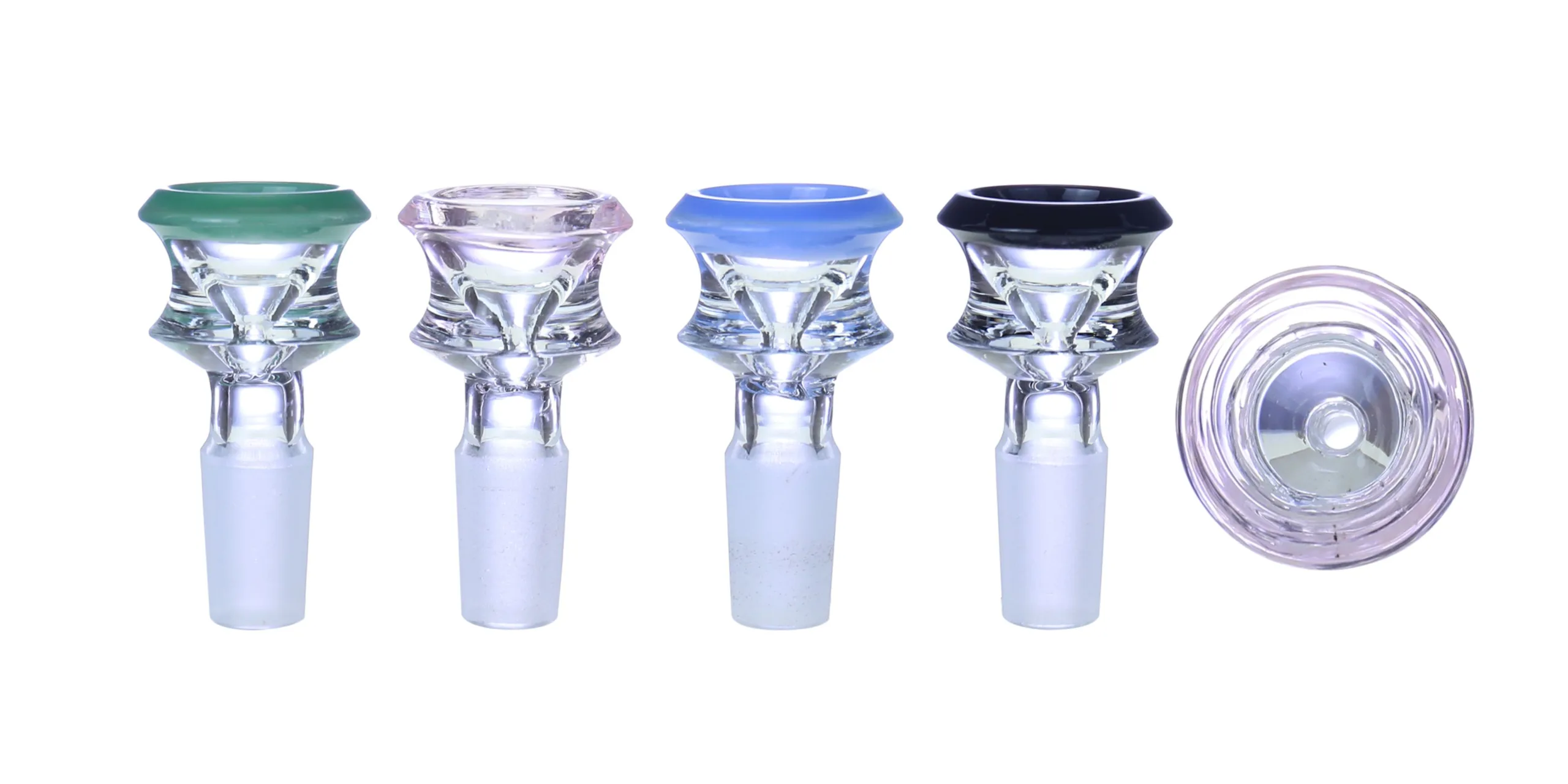 Four glass bowls with colored rims and frosted male joints for water pipes.
