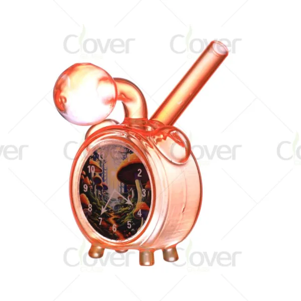 Orange glass alarm clock pipe with mushroom forest design and mouthpiece.