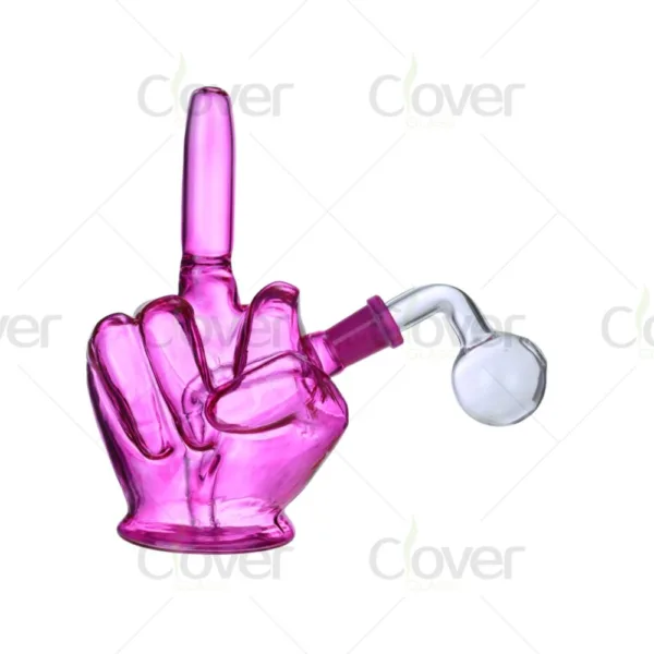 Pink glass middle finger hand pipe with clear oil burner attachment.
