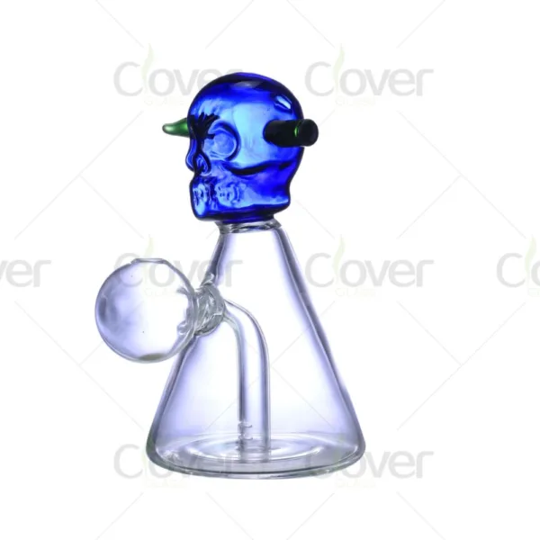 Unique blue skull head glass bong with clear conical base and side attachment.