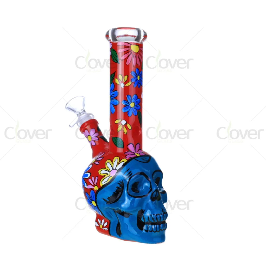9.06 Inch 5mm 3D Painted Halloween Sugar Skull Bong | Clover Glass Novelty Water Pipe