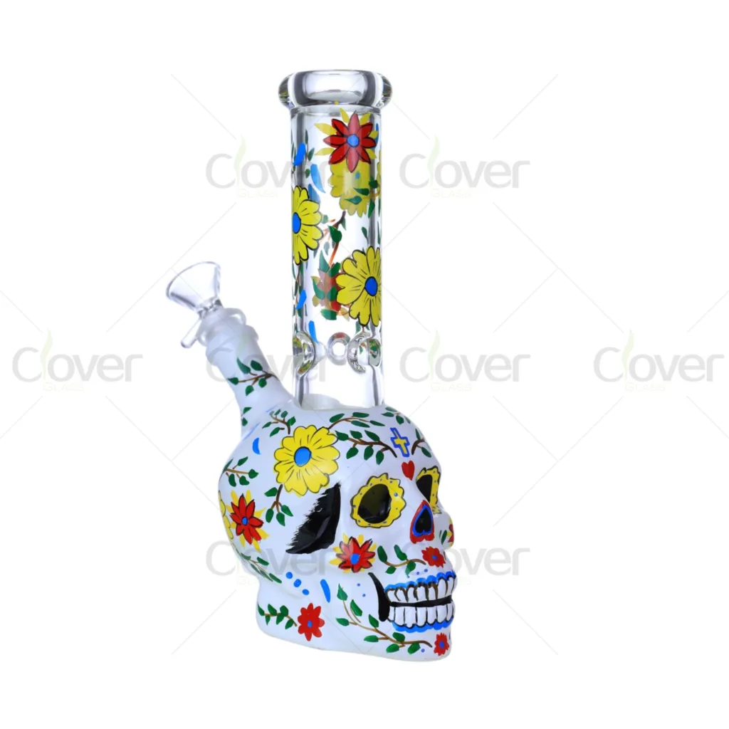 9.06 Inch 5mm 3D Painted Halloween Sugar Skull Bong | Clover Glass Novelty Water Pipe