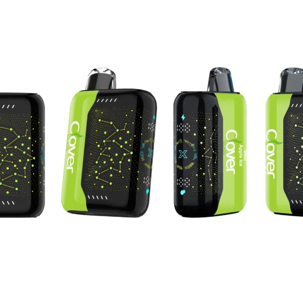Four Clover Glass Sour Apple Ice disposable vapes, black and lime green, network pattern.
