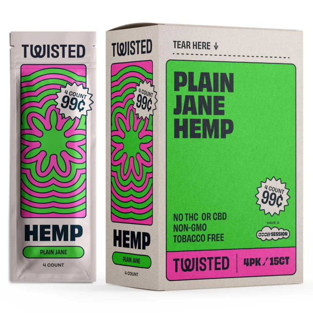 Twisted Plain Jane Hemp tobacco-free 4-count pouch and display box.