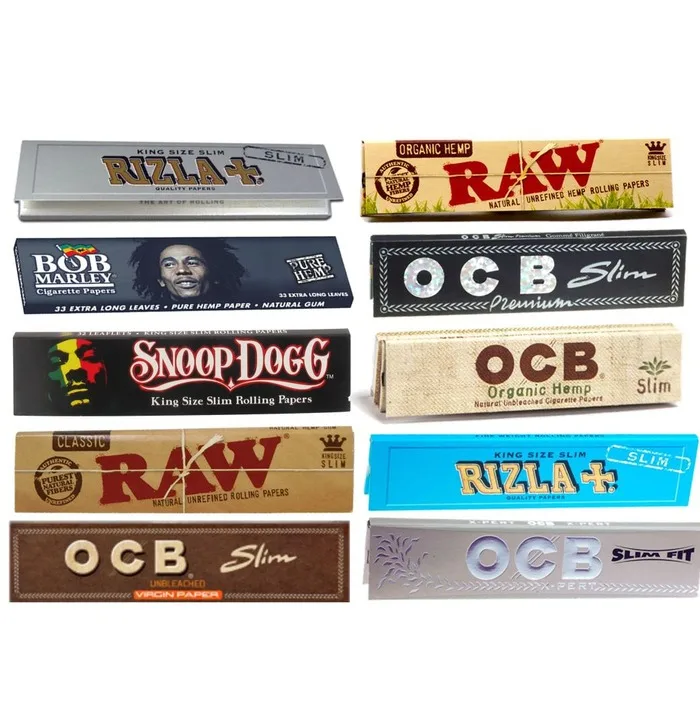 Variety of King Size Slim rolling papers: Rizla+, RAW, OCB, Bob Marley, Snoop Dogg.