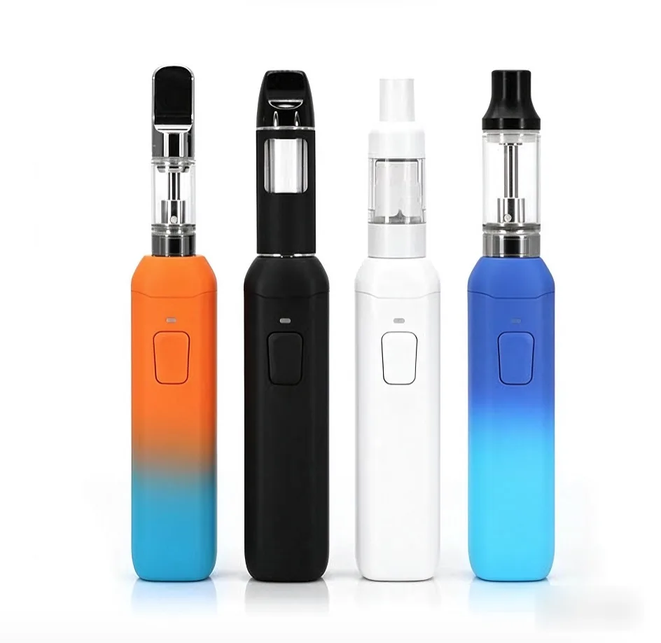 Four colorful vape pens: orange-blue, black, white, and blue gradient designs.