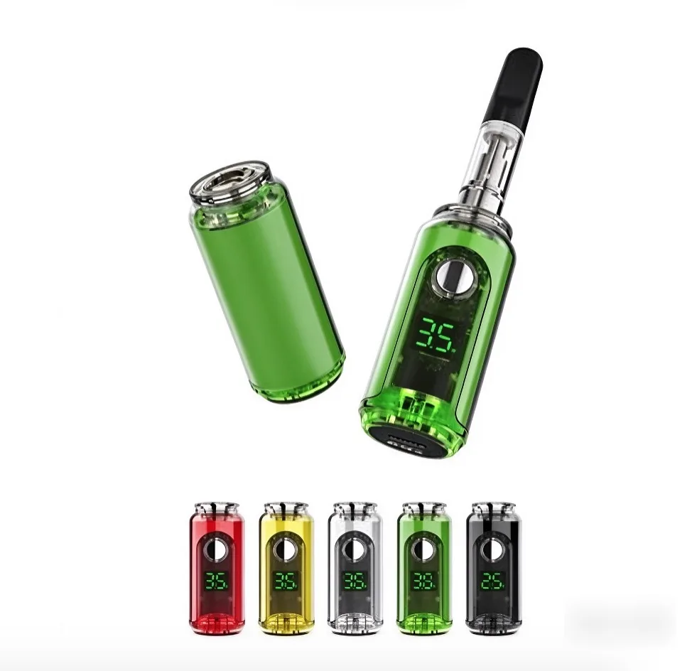 Compact colorful vape pens with digital displays, including a disassembled green unit.