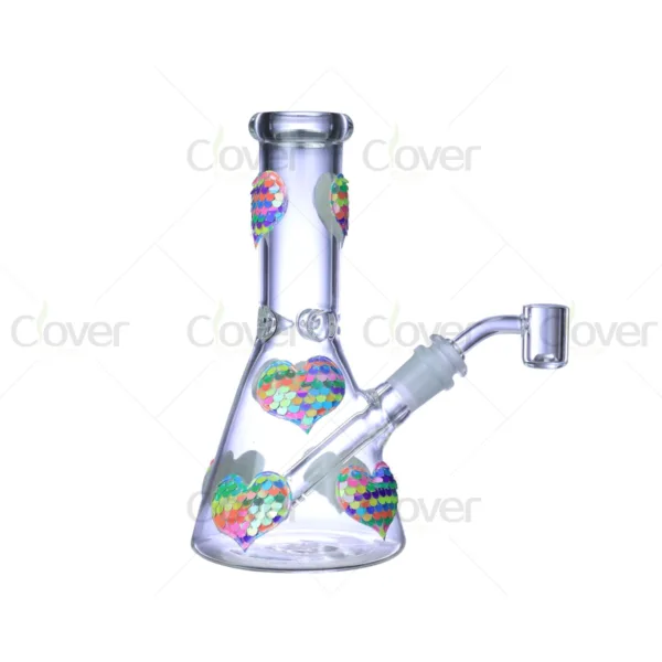 7.87 Inch Rainbow Sequin Heart Beaker Bong 5mm Thick 14mm Male Joint