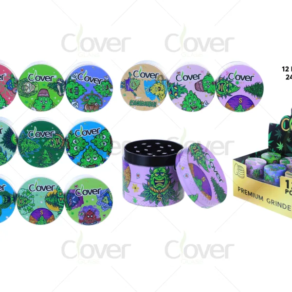 40mm 4-Part Zinc Alloy Herb Grinder, Cartoon Weed Character Full Print 4 Layer Manual Crusher, 12Pcs Display Box Wholesale