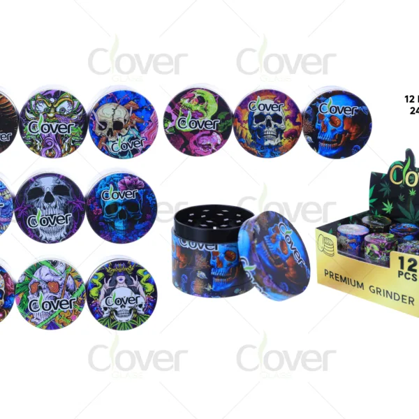 40mm 4-Part Zinc Alloy Unique Weed Grinders, Colorful Skull Full Print 4 Layer Manual Crusher, 12Pcs Display Box Wholesale