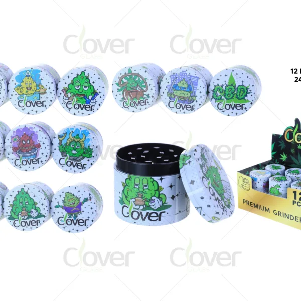 40mm 4-Part Zinc Alloy Herb Grinder, White Base Cartoon Bud Character Full Print 4 Layer Manual Crusher, 12Pcs Display Box Wholesale