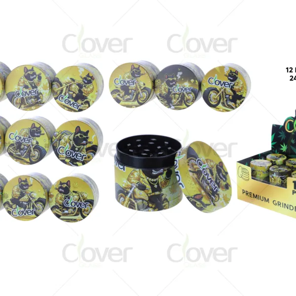 40mm 4-Part Zinc Alloy Herb Grinder, Golden Biker Dog Full Print 4 Layer Manual Crusher, 12Pcs Display Box Wholesale