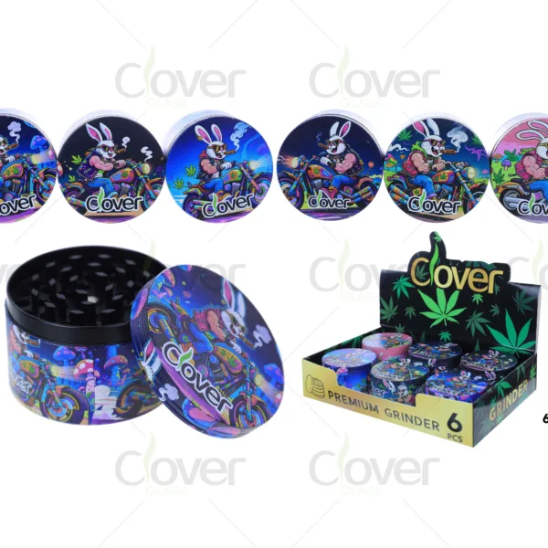 63mm 4-Part Zinc Alloy Cheap Weed Grinders, Cartoon Biker Rabbit Full Print 4 Layer Manual Crusher, 6Pcs Display Box Wholesale