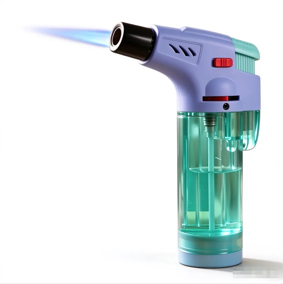 Stylish purple and teal refillable butane torch lighter with a powerful blue flame.