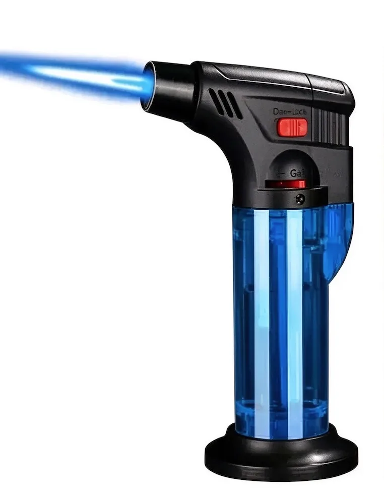 Black and blue butane torch lighter emitting a powerful blue flame.