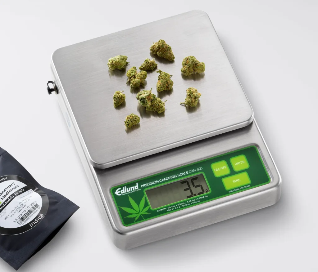 Edlund precision cannabis scale weighing 3.5 grams of marijuana buds.