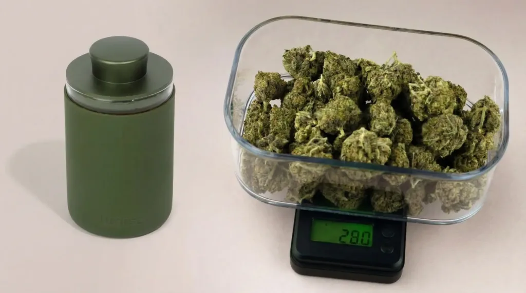 Cannabis buds on a digital scale showing 28.0 grams next to a green storage jar.