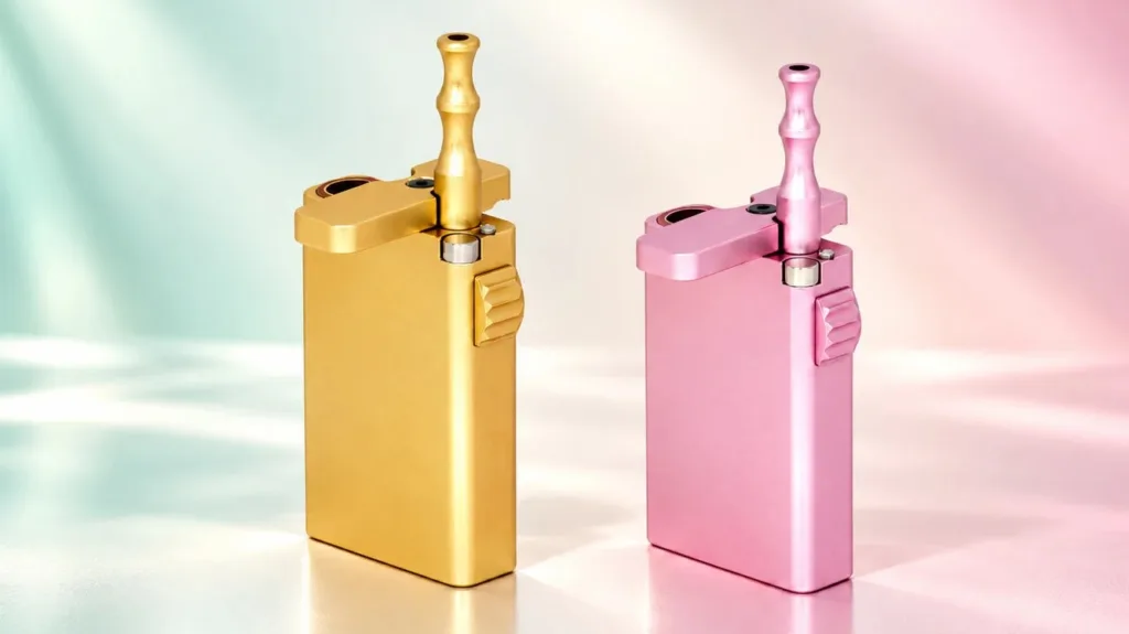 Sleek gold and pink retractable vape pens on a vibrant gradient background.