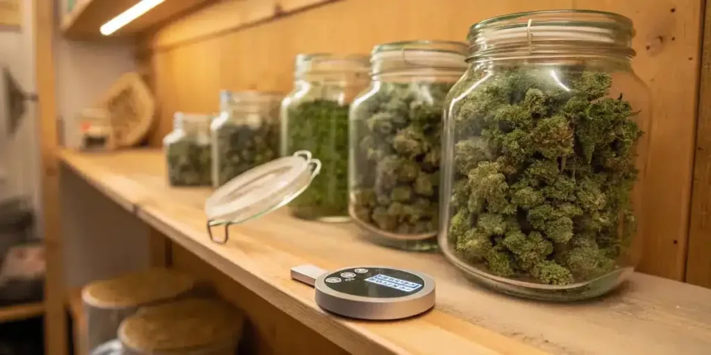Multiple glass jars filled with cannabis buds displayed on a wooden shelf with a scale.